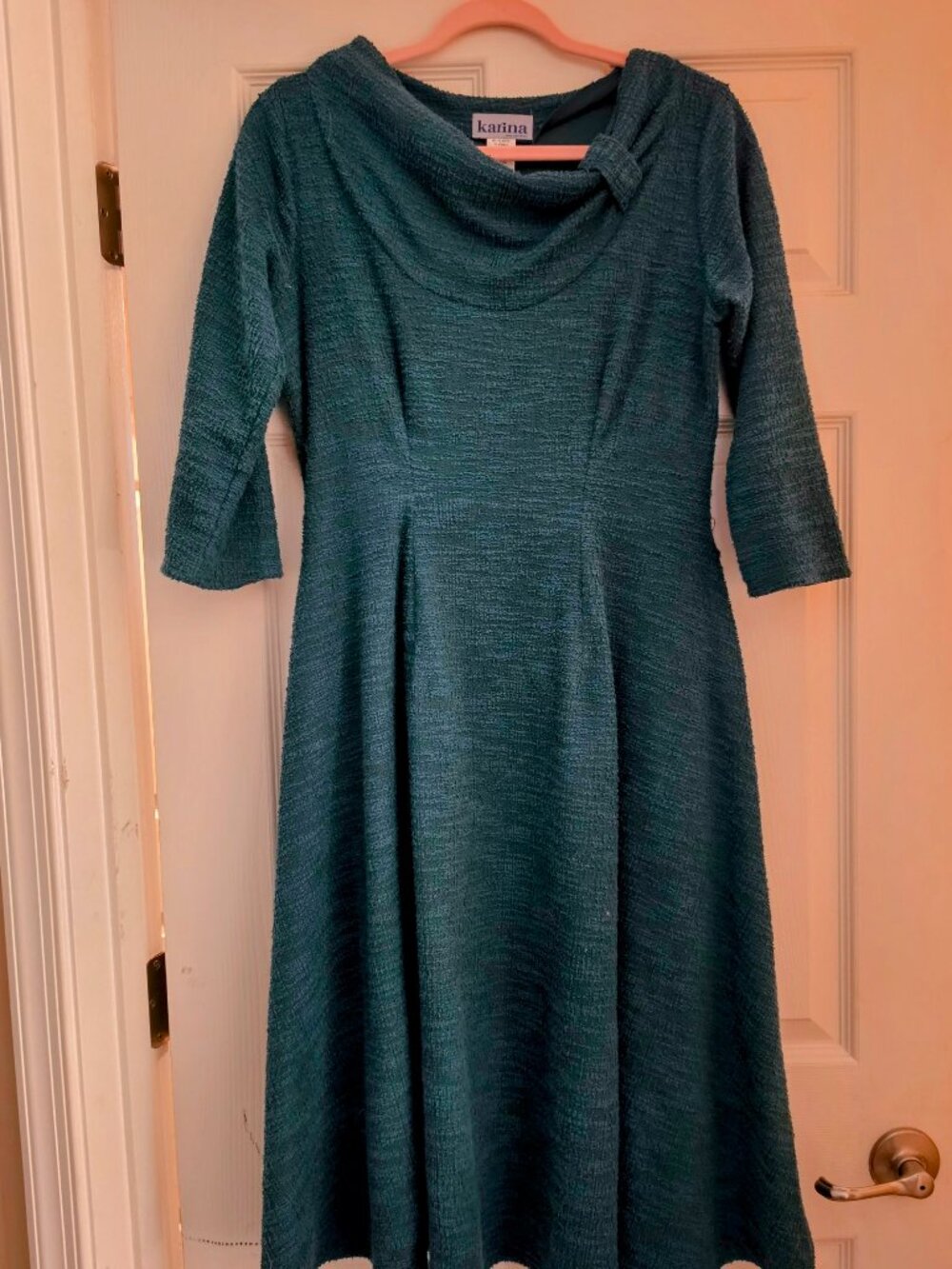Karina Dresses Patricia Cowl Neck Boucle Knit A-Line Dress Hunter Green